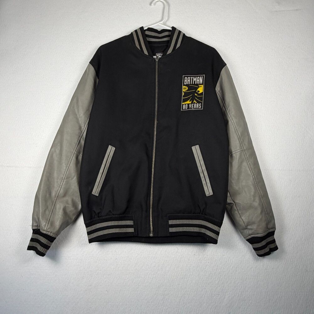Batman 80 Years Varsity Jacket Mens M Black Gray Lootwear DC Comics Bomber